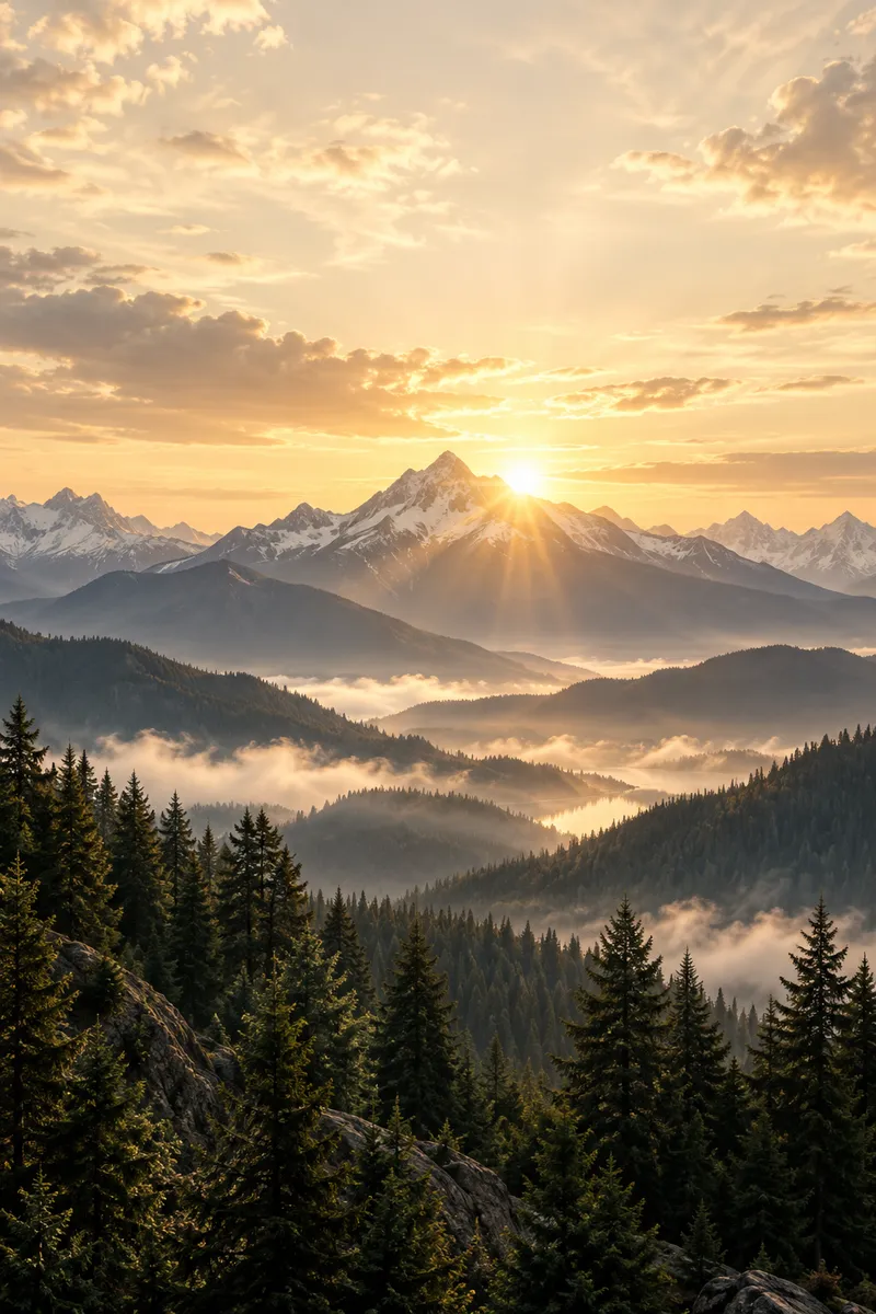 Golden dawn over mountains and pine forest